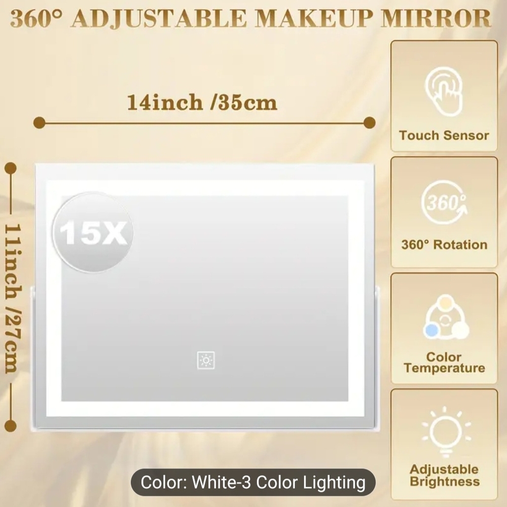 New 14" White LED DeskTop Vanity Mirror Set includes 15X Magnified Circle Mirror - Picture 4 of 13
